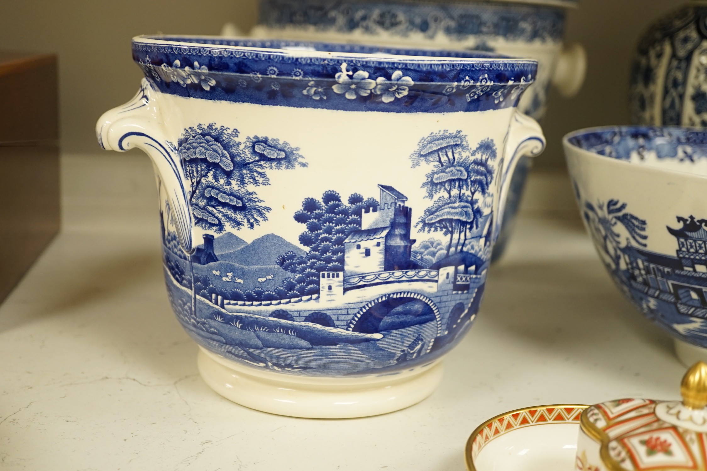 A Royal Crown Derby trinket set, Honeysuckle pattern and a few blue-printed earthenware items including Spode, Maling ware, etc.